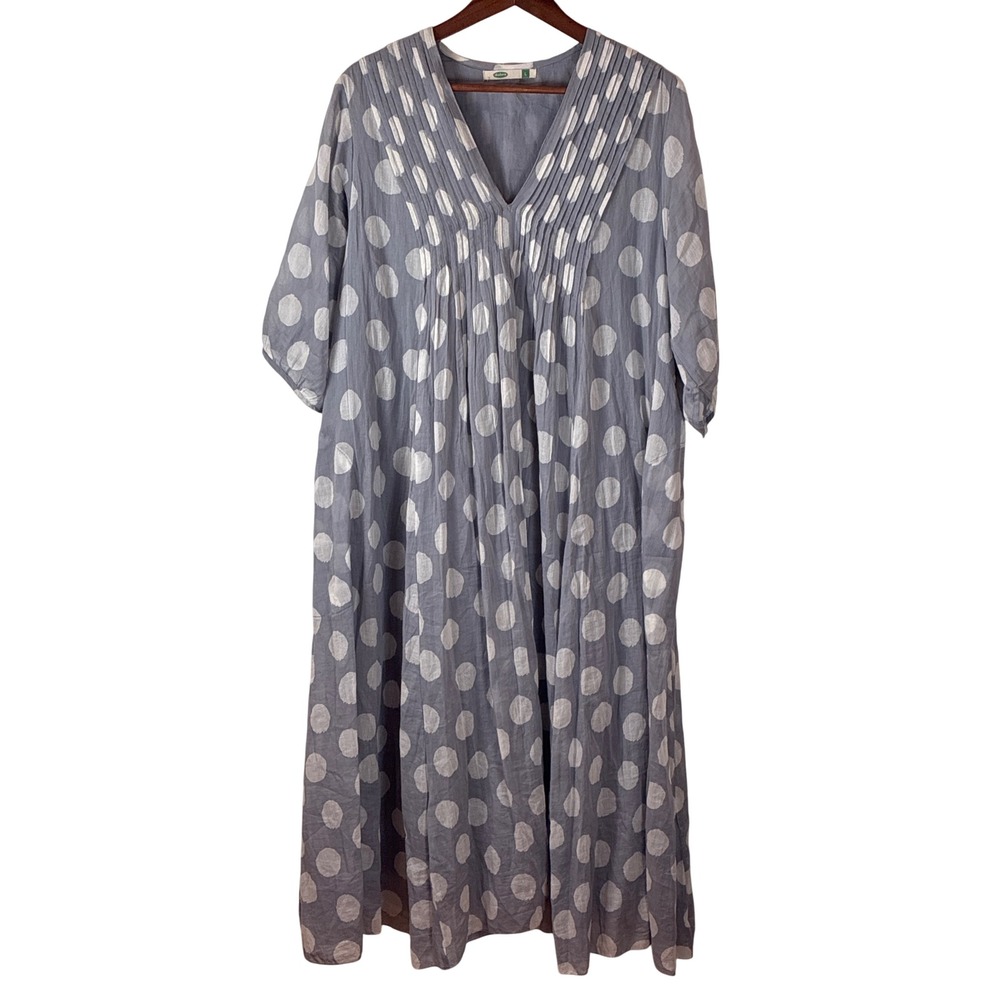 Dolma Midi Dress Gray Polka Dots Cotton Large Boho Casual Vacation Coastal